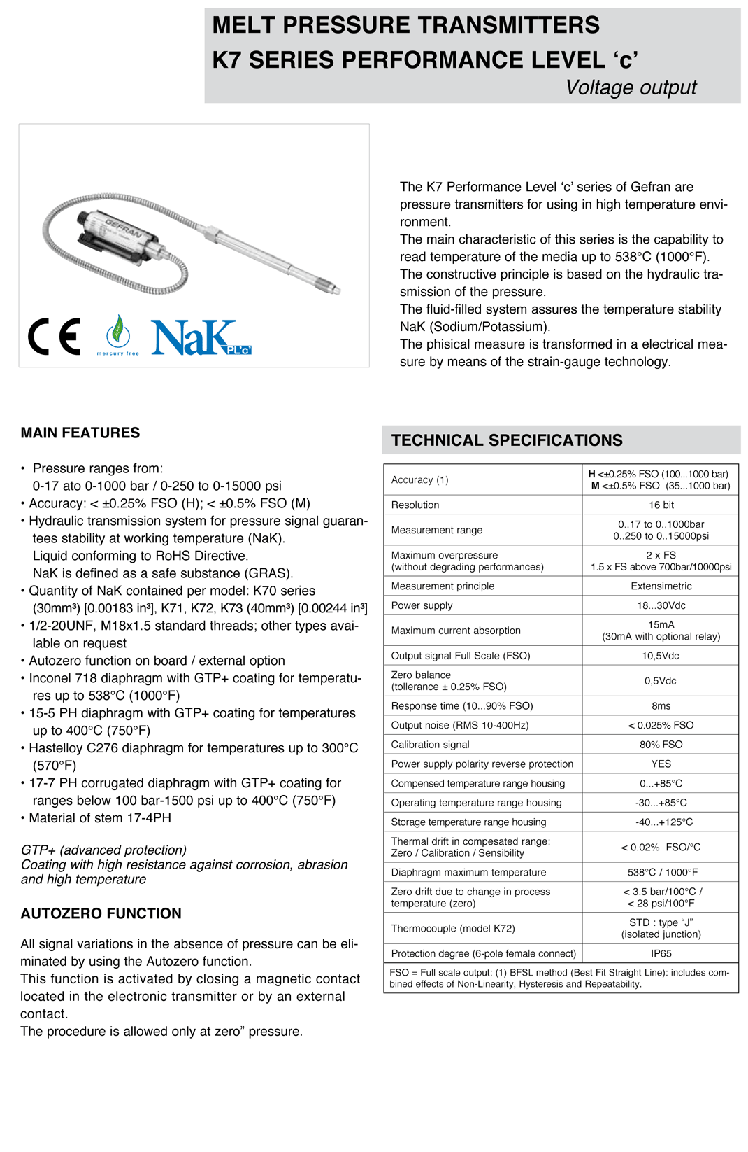 K7 Series Performance Level 'c' Melt Pressure Transmitters