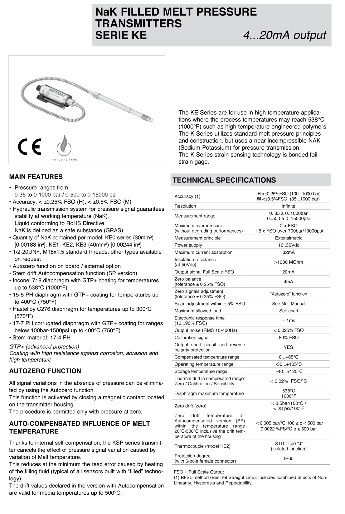 KE Series NaK Filled Melt Pressure Transmitters