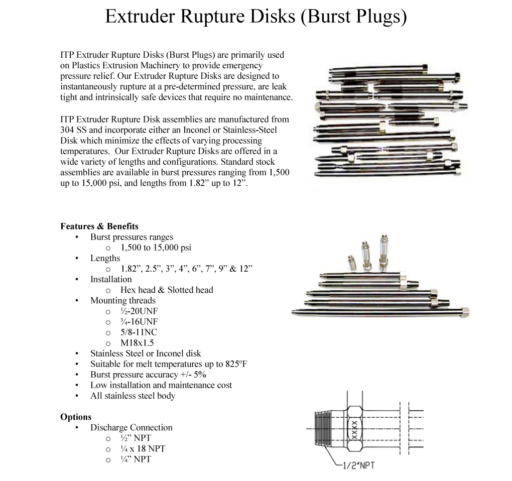 Extruder Rupture Disks (Burst Plugs)